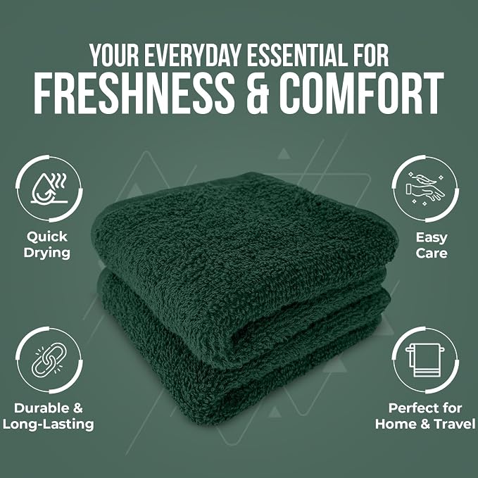DAN RIVER 12 Pack Cotton Wash Cloths Set for Showering [12x12] Hunter Green | Lighter Weight, Quick to Dry, Super Soft & Absorbent Face Towels, Hotel Quality, Perfect for Bathroom, Gym, Spa