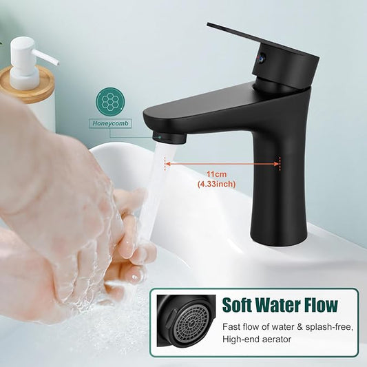 Heyalan Bathroom Faucet Single Handle 1 Hole SUS304 Stainless Steel Deck Mount Lavatory Single Switch Basin Sink Faucet with Pop Up Drain and Hot and Cold Water Mixer Matte Black