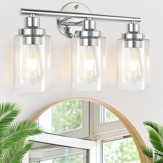 Bathroom Light Fixtures Chrome Vanity Light Silver 3 Light Modern | Wall Sconces Lighting Bathroom with Clear Glass Shades Bath Wall Lights Wall Lamp for Mirror, Kitchen Living Room Hallway