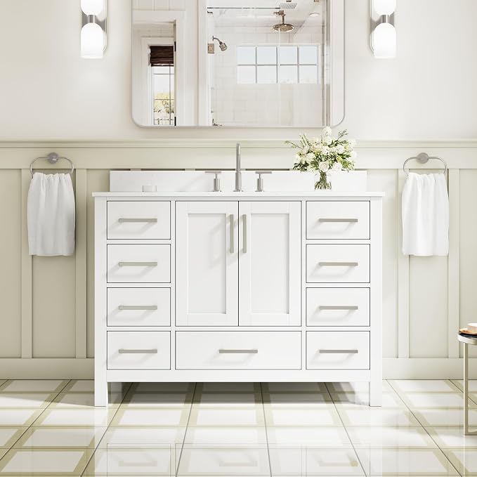 48-Inch Bathroom Vanity with Sink, 2 Soft-Close Doors and 9 Soft-Close Drawers, Bathroom Freestanding Vanity with Cultured Marble Countertop, White Vanity with Brushed Nickel Handles