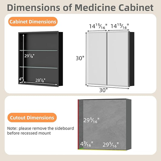 30x30 Inch Medicine Cabinet with Mirror, Aluminum Bathroom Mirror Cabinet, Beveled Edge Mirrored Double Door, Adjustable Shelves, Surface or Recessed Mount Mirrors with Storage,Black