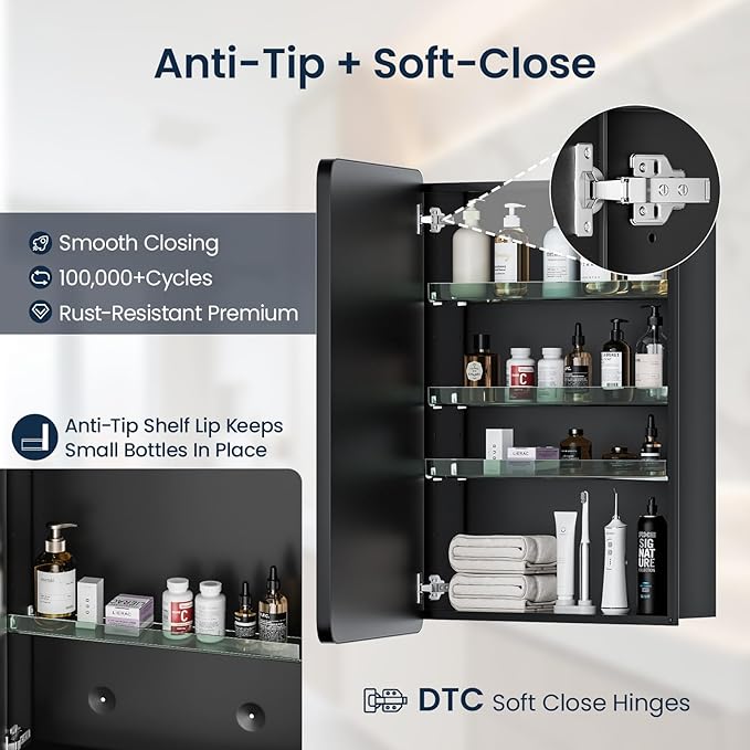 Medicine Cabinet 20x26 Inch, Aluminum Bathroom Mirror Cabinet with Storage, Recessed or Surface Mount, Black Vanity Storage Unit with 3 Anti-Tip Adjustable Acrylic Shelves, Soft Close Hinge