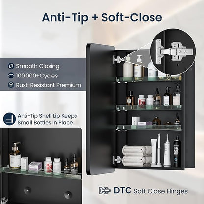 Medicine Cabinet 20x26 Inch, Aluminum Bathroom Mirror Cabinet with Storage, Recessed or Surface Mount, Black Vanity Storage Unit with 3 Anti-Tip Adjustable Acrylic Shelves, Soft Close Hinge