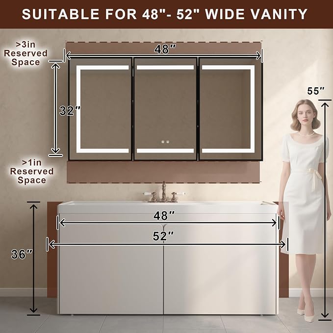 48 x 32 Inch LED Medicine Cabinet with Mirror, Recessed or Surface Mount, Soft Close Hinges, Adjustable Shelves, Black