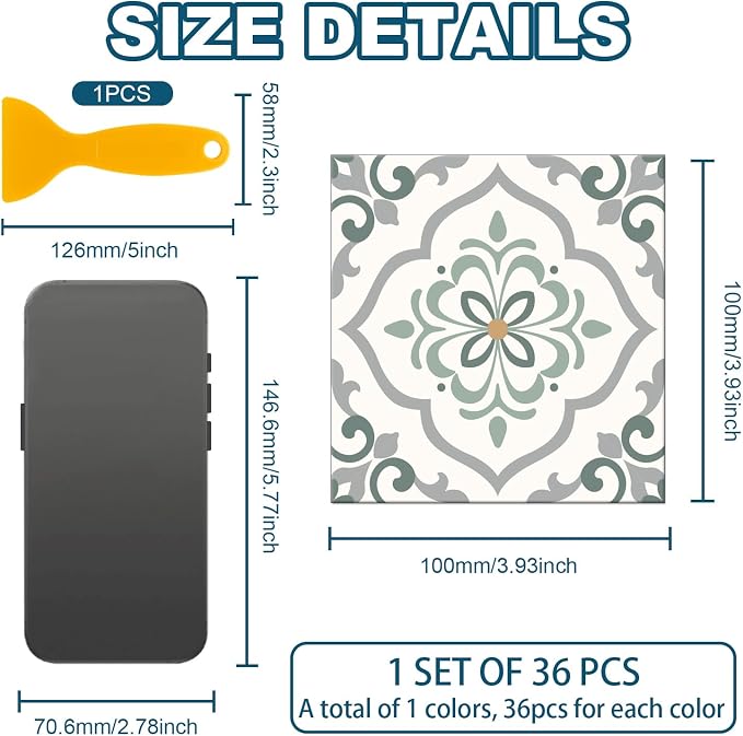 36 Pcs Retro Gray Green Patten Peel and Stick Tile Sticker, 4x4in | Geometric Patterns Waterproof Self Adhesive Stick on Decals for Kitchen Bathroom Wall Art