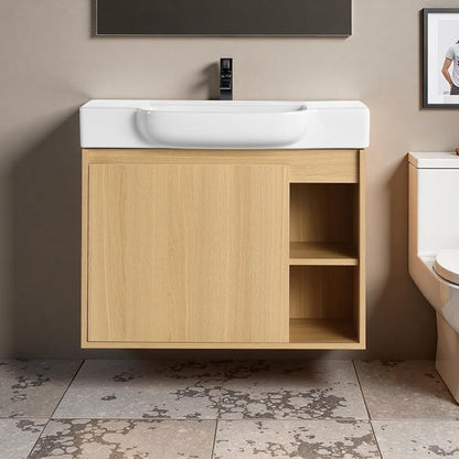 28" Bathroom Vanity with Ceramic Sink, Farmhouse Cabinet, Light Oak | Ceramic Sink, Soft-Close Door, Interior Compartment and 2-Tier Open Side Shelves, 45° Inclined Edge Handle