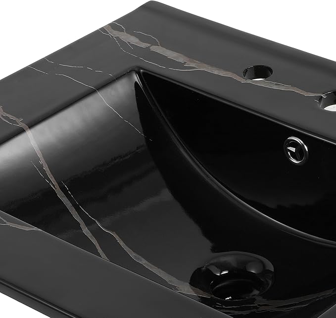 JONATHAN Y SNK1001D Ancillary 3-Hole 24 in. W x 18.25 in. D Classic Contemporary Rectangular Ceramic Single Sink Basin Vanity Top, Black Marble Effect