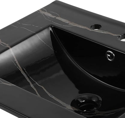 JONATHAN Y SNK1001D Ancillary 3-Hole 24 in. W x 18.25 in. D Classic Contemporary Rectangular Ceramic Single Sink Basin Vanity Top, Black Marble Effect