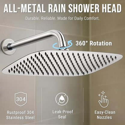 G-Promise All Metal 12 Inch Large Rain Shower Head for Ceiling or Wall | Built to Last, Rust Resistant 304 Stainless Steel, Easy to Install, Full Body Coverage Rainfall Shower Head, Daily SPA