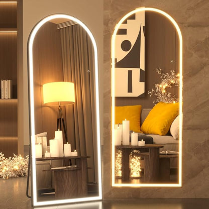 pertetey 81 x 34 in Arched LED Full Length Mirror, Black Frame | Dimmable, 3 Color Modes, Floor or Wall Mounted