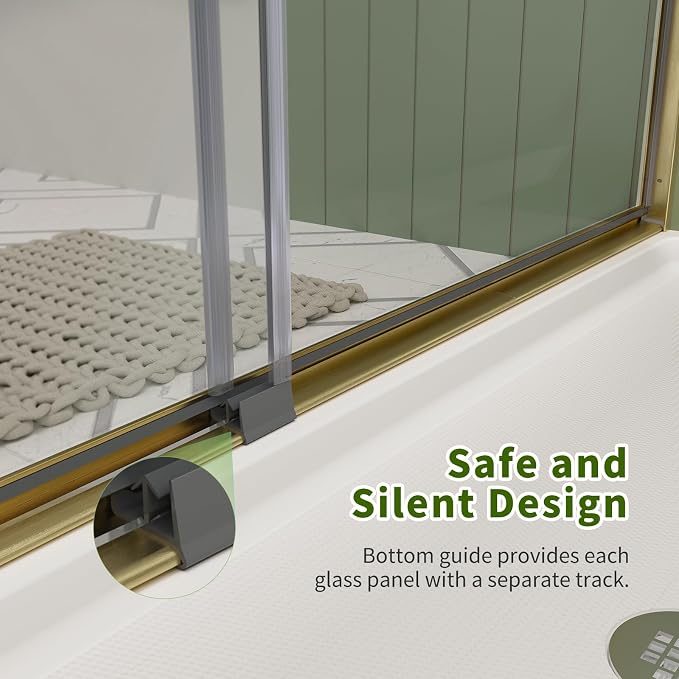 ACE DECOR Double Sliding Shower Door, 56-60" W x 70" H, Brushed Gold Finish | Bypass Semi-Frameless Shower Doors, 6mm Clear SGCC Tempered Glass, Easy-Clean Nano Coating&Leak-proof&Reversible Installation
