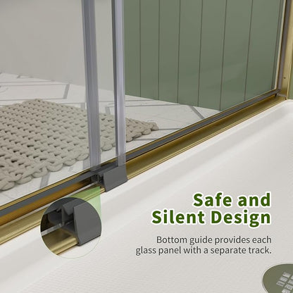 ACE DECOR Double Sliding Shower Door, 56-60" W x 70" H, Brushed Gold Finish | Bypass Semi-Frameless Shower Doors, 6mm Clear SGCC Tempered Glass, Easy-Clean Nano Coating&Leak-proof&Reversible Installation