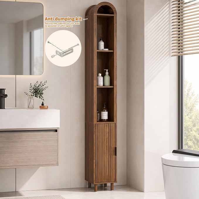 Narrow Bathroom Storage Cabinet Set, Tall Arched Small Wood Cabinet, Slim | Skinny Mid Century Modern Towel Cabinet, Fluted Doors, 4 Tier Shelves, Wooden Display Cabinet for Living Room, Walnut, 2 Pcs