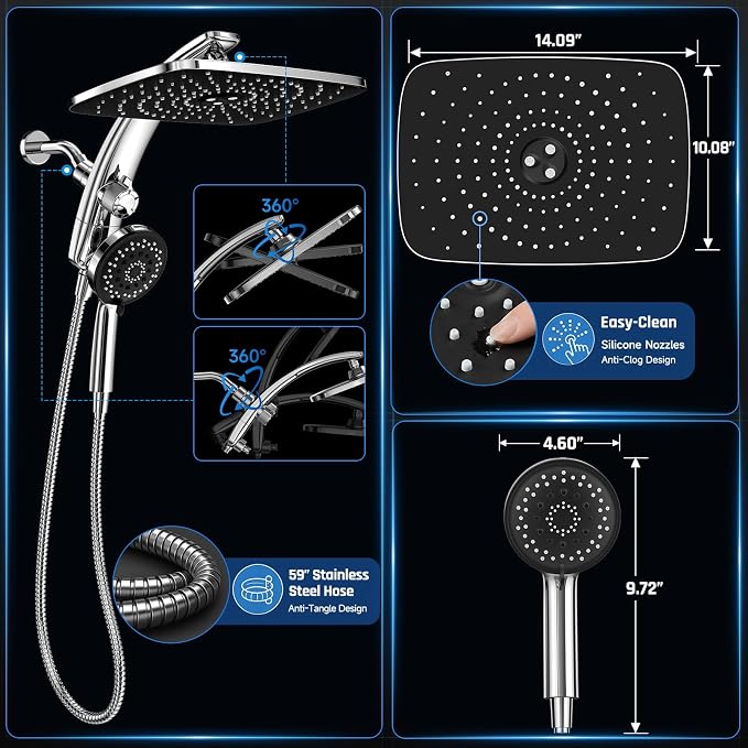 Veken 14" Luxurious Shower Head with Handheld,Full Body Coverage,Power Wash | Magnetic Hand Held,Dual Rain Shower Heads Combo,Large Rainfall,Double Detachable Showerhead,Ducha Para Shower,Chrome,Sliver