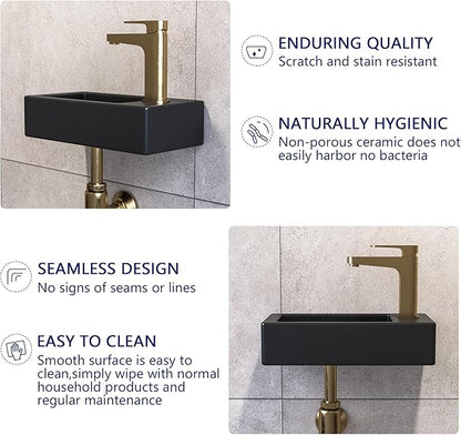 DeerValley Small Bathroom Sink, 15"x7" Mini Rectangle Wall Mount Vessel Sink for Bathroom Powder Room Cloakroom, Floating Space Saving Design, Easy to Clean Matte Black Ceramic Wash Basin (Right Hand)