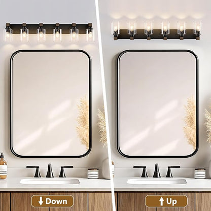 Farmhouse Black 6-Light Bathroom Vanity Light, Square Glass Shade | Vintage Rustic Design, Wood Grain Finish, Matte Black Metal, Wall Mount Over Mirror Lighting Fixtures for Bathroom Restroom