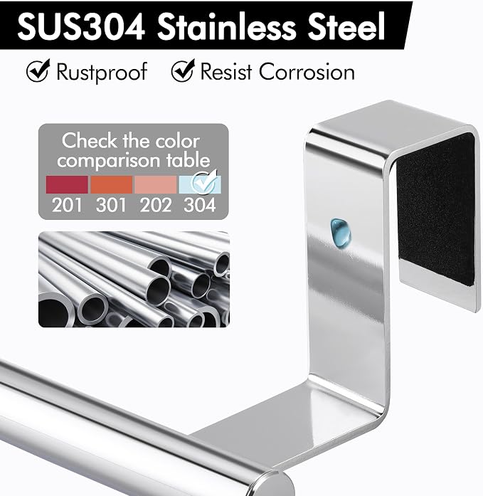 KES Over The Cabinet Door Towel Rack, 2 Pack, Polished Steel | Fit Cabinet Doors Under 1" Thick, EVA Pads, Kitchen Towel Bar Rack, Dish Towel Holder, SUS304 Stainless Steel