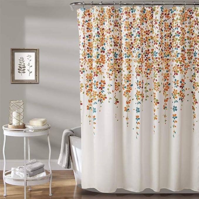 Lush Decor Weeping Flower Shower Curtain 72"W x 72"L Turquoise & Tangerine - Floral Shower Curtains for Bathroom - Bathroom Curtain - Cottage Decor