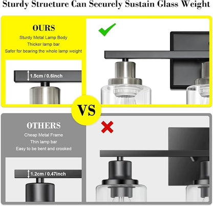 Ascher Bathroom Vanity Light Fixtures, 3 Light Wall Sconces Lighting with Clear Glass Shade, Black and Brushed Nickel Wall Lights for Mirror, Kitchen, Living Room, E26 Base (Bulbs Not Included)