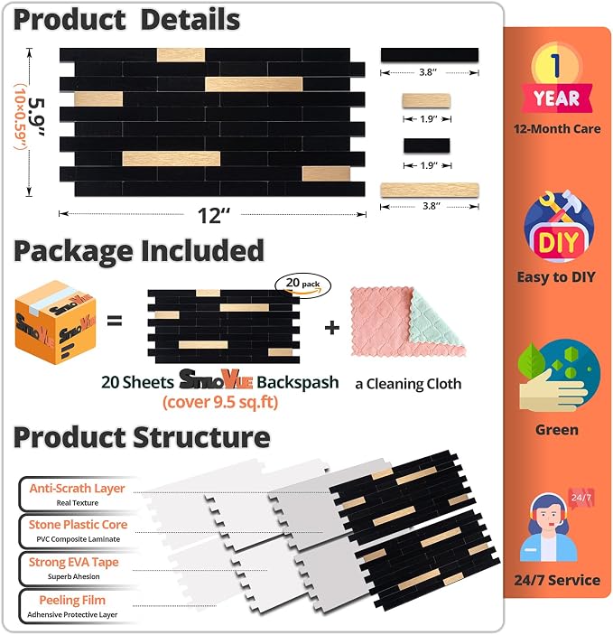 StyloVue 20 Sheets Peel and Stick Tile Backsplash, Black with Metal Gold Look Stick on Tile Upgrade Your Kitchen Backsplash, RV, Fireplace