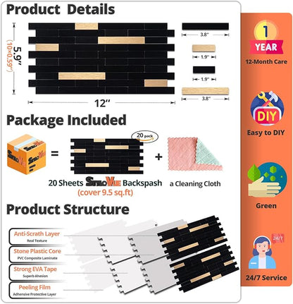 StyloVue 20 Sheets Peel and Stick Tile Backsplash, Black with Metal Gold Look Stick on Tile Upgrade Your Kitchen Backsplash, RV, Fireplace