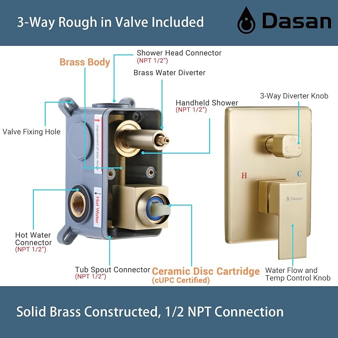 DASAN Tub Shower Faucets Sets Complete Brushed Gold Bathtub Shower System with Waterfall Tub Spout, Bathtub Faucet Set Tub and Shower Faucet Combo Trim Kit with Valve, DA-SS04BG-S10W