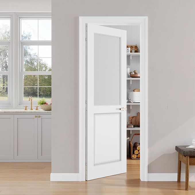 SMARTSTANDARD 28" x 80" Frosted Glass Interior Door Slab, Solid Core | Pre-Assembled French Slab Door for Pantry Laundry Closet Bathroom, without Hardware, White Primed, Paintable Surface