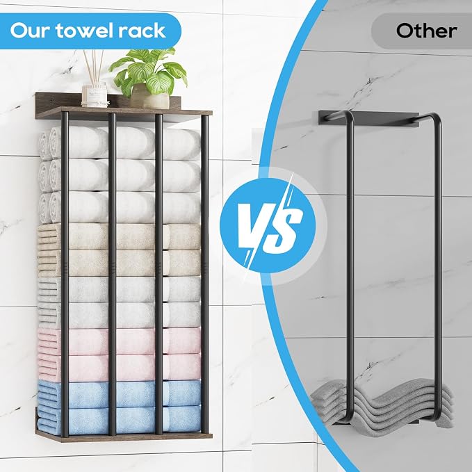 Wall Mounted 4-Bar Towel Rack with Wooden Shelf, Bathroom Storage Holder | Large Bathroom Towel Storage Rack for Rolled Towels, Classic Metal Towel Organizer Shelf with Wooden Storage Shelf