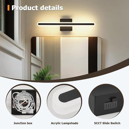 Modern Bathroom Black Vanity Light, 5CCT Dimmable Bathroom Light Bar | LED Vanity Lights Above Mirror 23.6 Inch 20W Makeup Mirror Lights
