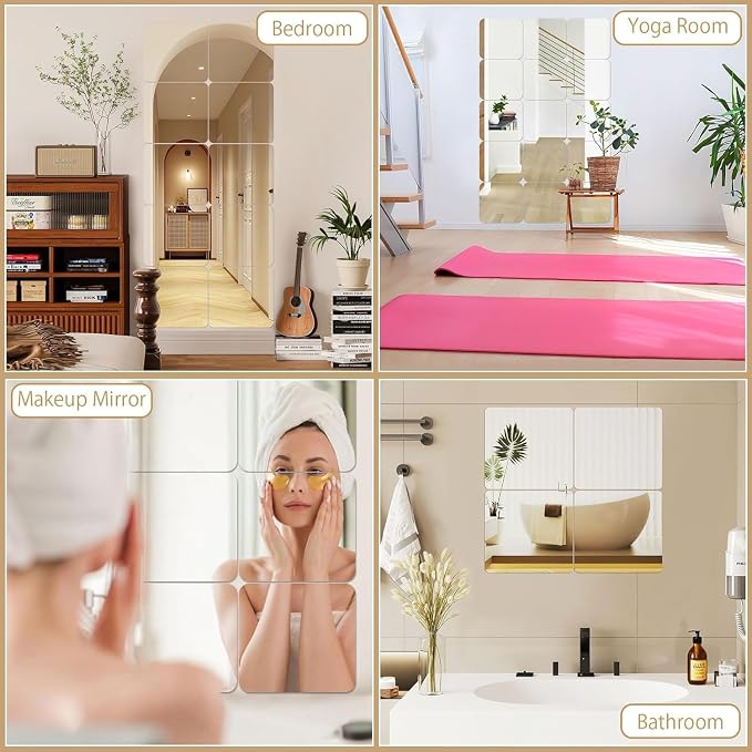 JUNEBRUSHS 4 Pack Self Adhesive Acrylic Mirror, 8 x 8 Inch Mirror Tiles | Flexible Plastic Mirror Sheets Wall Stickers, 2MM Thick Mirrors