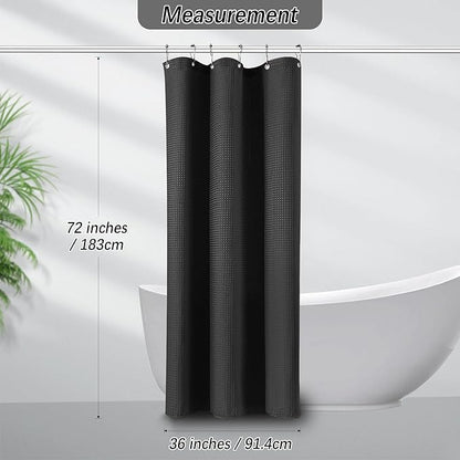Black Stall Fabric Shower Curtain - Water Repellent Waffle Textured 256GSM Heavy Duty Cloth Shower Curtains for Bath Tubs, Narrow Size Hotel Quality with 6 Hooks, 36Wx72H