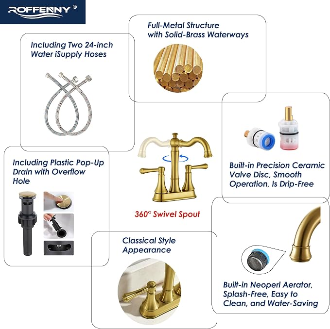 Brushed Gold 4 Inch Centerset Bathroom Faucets for 2/3 Holes Sink | Includes Plastic Pop-Up Drain & Two 23.6" Supply Lines, Classic 4" Center Set Lavatory & Bath Vanity Sink Faucet, Brass Spout