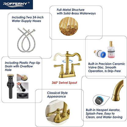 Brushed Gold 4 Inch Centerset Bathroom Faucets for 2/3 Holes Sink | Includes Plastic Pop-Up Drain & Two 23.6" Supply Lines, Classic 4" Center Set Lavatory & Bath Vanity Sink Faucet, Brass Spout