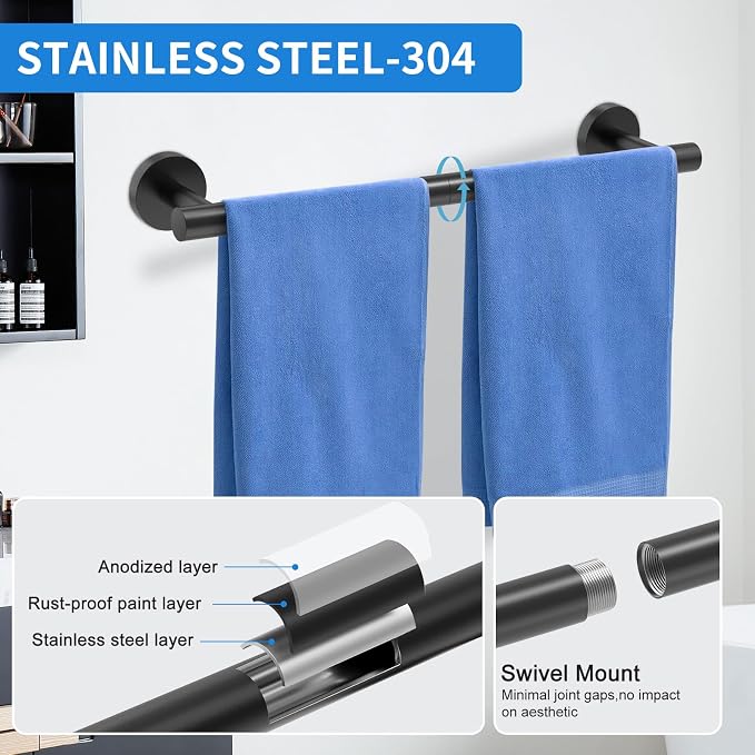 Matte Black Bathroom Accessories, Bathroom Hardware Set, SUS304 Stainless Steel Bathroom Towel Bar Set with 24 Inch Towel Holder, 2 Towel Hooks, Toilet Paper Holder, Towel Ring