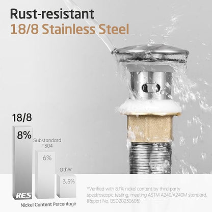 KES Bathroom Sink Drain Stopper with Overflow, Pop Up Drain with Detachable Hair Catcher for Lavatory Vanity Vessel Sink, Brushed Nickel 2 Pack, All Metal Rustproof 304 Stainless Steel, S2013A-BN-P2