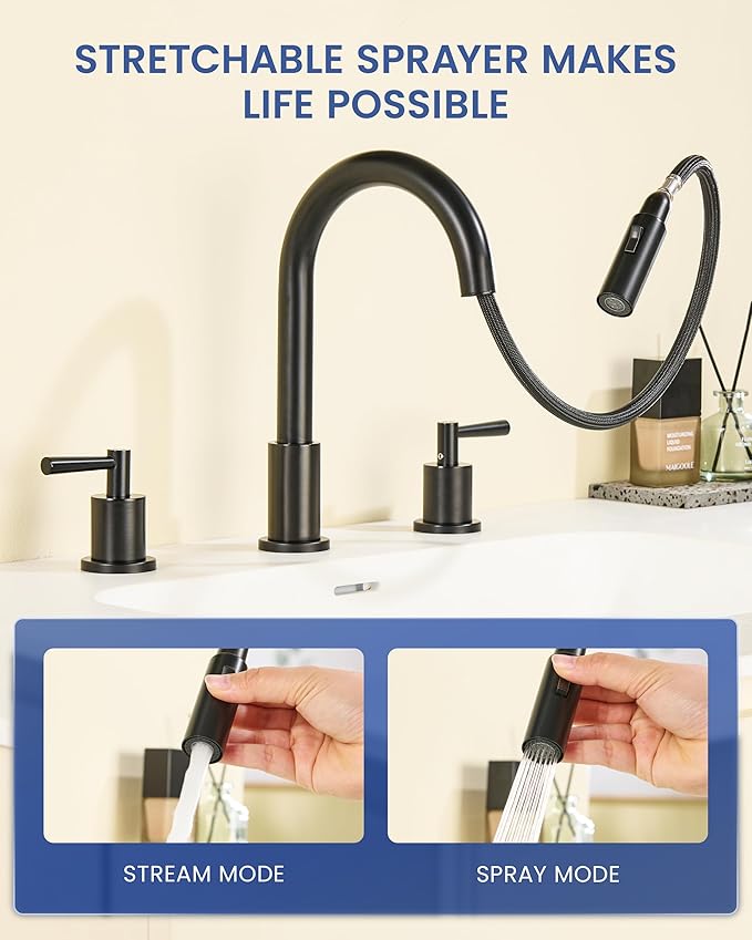Bathroom Faucet with Sprayer - Matte Black Bathroom Faucet 3 Holes - Widespread Sink Faucets 2 Handles - Pull Down Vanity Faucets with Pop Up Drain and Supply Lines