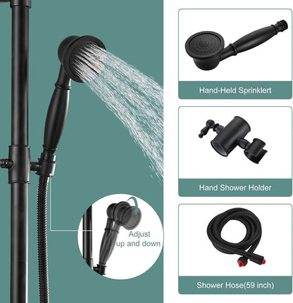 Heyalan Exposed Shower System, 8 Inch Rain Head, Handheld, Matte Black | Exposed shower system with 8 inch rain head, handheld sprayer, single handle control, and complete wall-mounted setup.