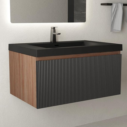 30 Inch Floating Bathroom Vanity with Sink, Wall Mounted Striped Storage Cabinet, Soft Close Drawer, Black Quartz Sand Basin, Fully Assembled, Smoked Walnut Finish