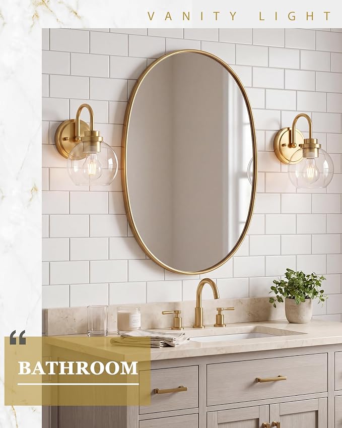 Brushed Gold Wall Sconces Set of 2 with Globe Clear Glass Shade | Modern design, hardwired, E26 socket, suited for bathroom mirror side, bedside, hallway, or entryway, AD-22280-1W2-GD