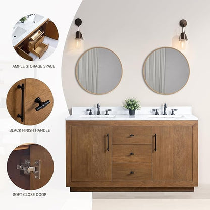 HOMEBEYOND 60" Bathroom Vanity with Double Sink & Ceramic Top, MDF Material Vanity Cabinet with Basin Combo, Soft-Closing Doors, Removable Shelf, Backsplash, Tan