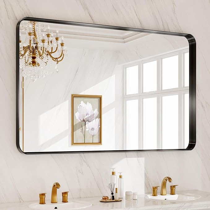 28x40 Inch Black Metal Framed Bathroom Mirror for Wall, HD Tempered Glass, Vanity Mirror for Over Sink, Anti-Rust Aluminum Alloy Mirror, Farmhouse, Horizontally or Vertically Hanging