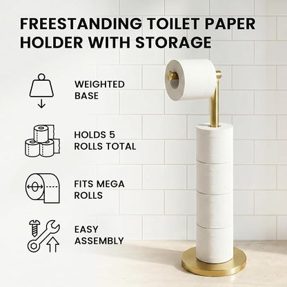 Cesun Free Standing Toilet Paper Holder Stand with Weighted Base, Gold | SUS304 Rustproof Steel | Thick Non-Slip Base | Swivel Pivot Design | Slim Footprint | Holds 5 Rolls