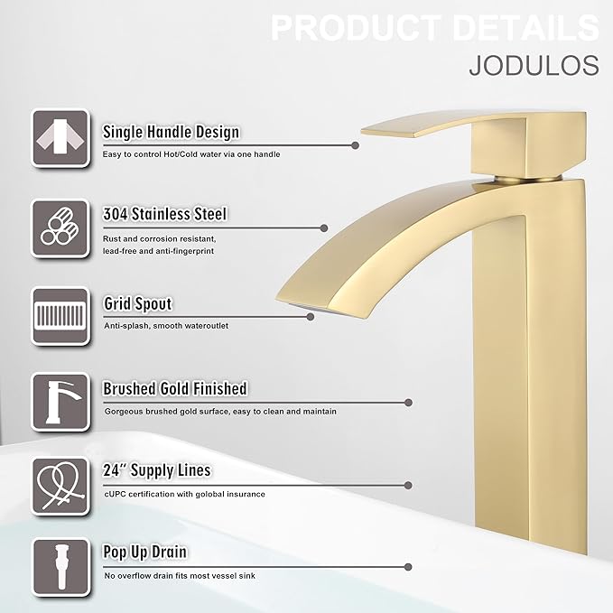 Brushed Gold Vessel Sink Faucet, Tall Bathroom Faucet, Single Hole Single Handle Waterfall Bathroom Sink Faucet with cUPC Supply Hose and Metal Pop Up Drain JU-BS101-BG