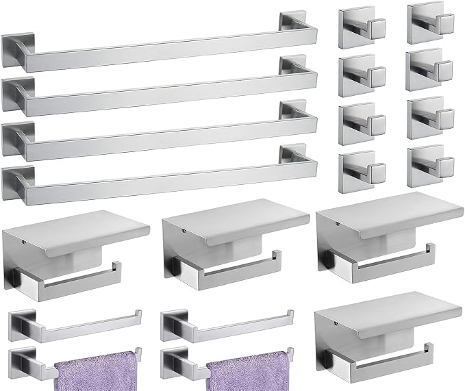 Bathroom Hardware Set 20 Piece Brushed Nickel Bathroom Accessories Set SUS304 Towel Bar Set Includes 4 Towel Bar 24 Inch+4 Towel Holder+4 Toilet Paper Holder+8 Towel Hooks (20, Brushed Nickel)
