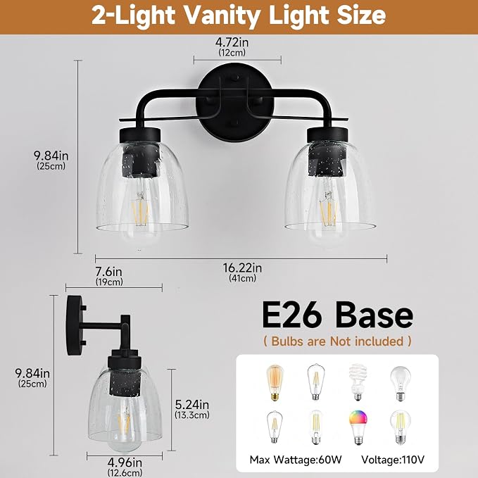 16 Inch Vanity Lights, 2-Light Black Modern Industrial Bathroom Light Fixtures with Bell Bubble Glass Shade, Wall Sconce for Bathroom Mirror, Bedroom, Hallway (2 Pack)