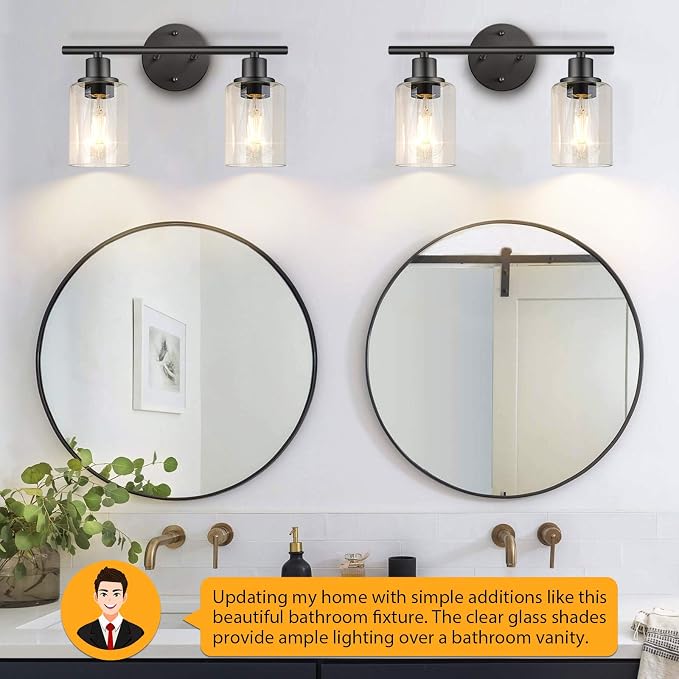 Bathroom Light Fixtures, 2 Light Black Vanity Light, Wall Sconces Lighting | Modern Bath Wall Mounted Lights with Glass Shade, Porch Wall Lamp for Mirror, Living Room, Bedroom, Hallway, Cabinet