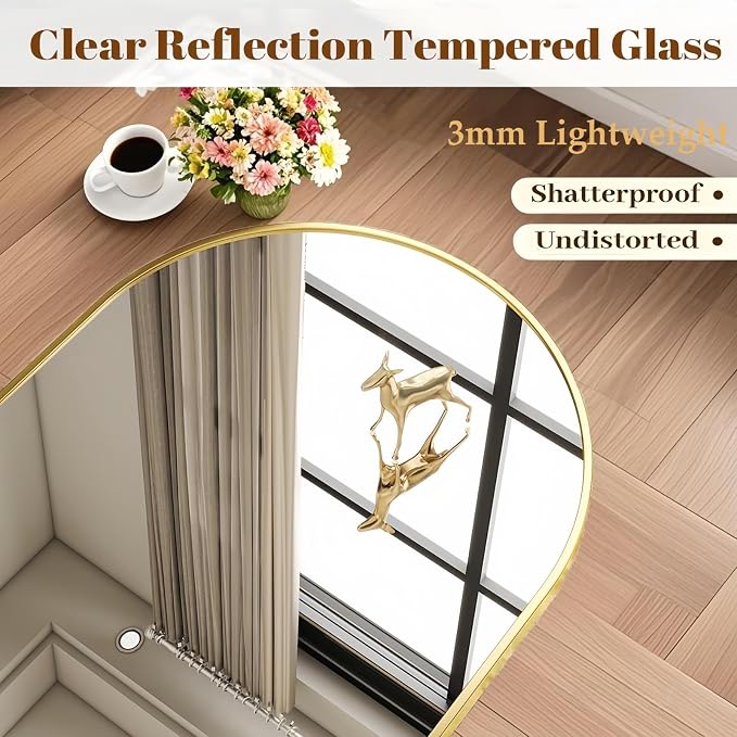 Dewfig Arched Full Length Mirror, 58"X18" Large Full Body Mirror, Gold | Aluminum Alloy Frame Floor Mirror, HD Shatterproof Tempered Glass, Lean/Stand/Wall for Living Room,Bedroom, Dressing Room