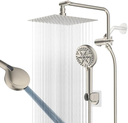 10" Metal Rainfall Shower Head with 10-Mode Handheld, Brushed Nickel | NSF/ANSI/CAN 372 Certified, High Pressure Showerhead Combo with 11" Adjustable Shower Arm, 71" Hose, Shower Head Holder