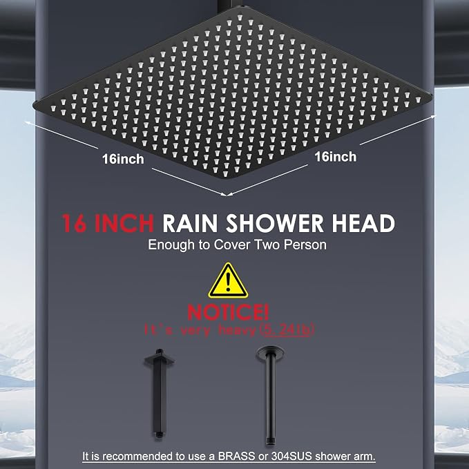 16 inch Matte Black Large Rain Shower Head - All Metal 304 Stainless Steel, Full Body Rainfall Shower with 324 Silicone Nozzles - Waterfall Bathroom Square Showerheads, Ceiling Mounted