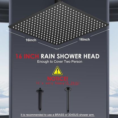 16 inch Matte Black Large Rain Shower Head - All Metal 304 Stainless Steel, Full Body Rainfall Shower with 324 Silicone Nozzles - Waterfall Bathroom Square Showerheads, Ceiling Mounted